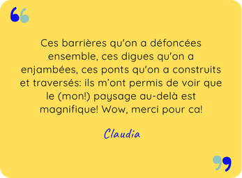 Avis client de Claudia, suite à l'accompagnement 360, elle a pu dépasser ses blocages et retrouver un sentiment d’apaisement et d’alignement